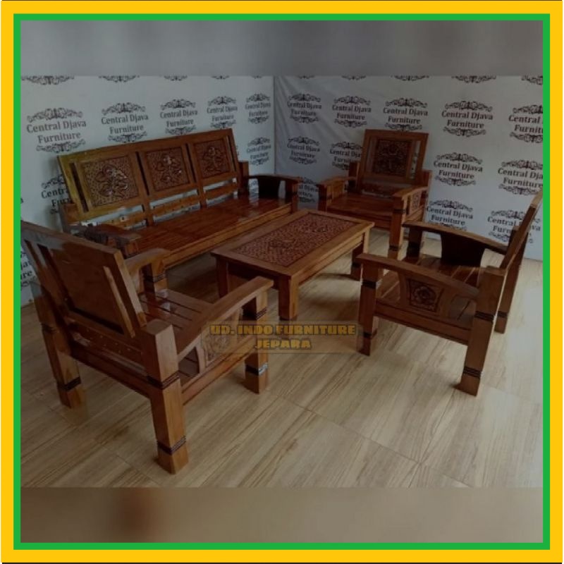 1 set meja kursi tamu ukir simpel bahan kayu jati murah