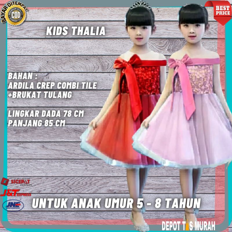 Baji dress gaun thalia merah pink dusty kids anak perempuan cewek import pesta ulang ultah 5 6 7 8 t