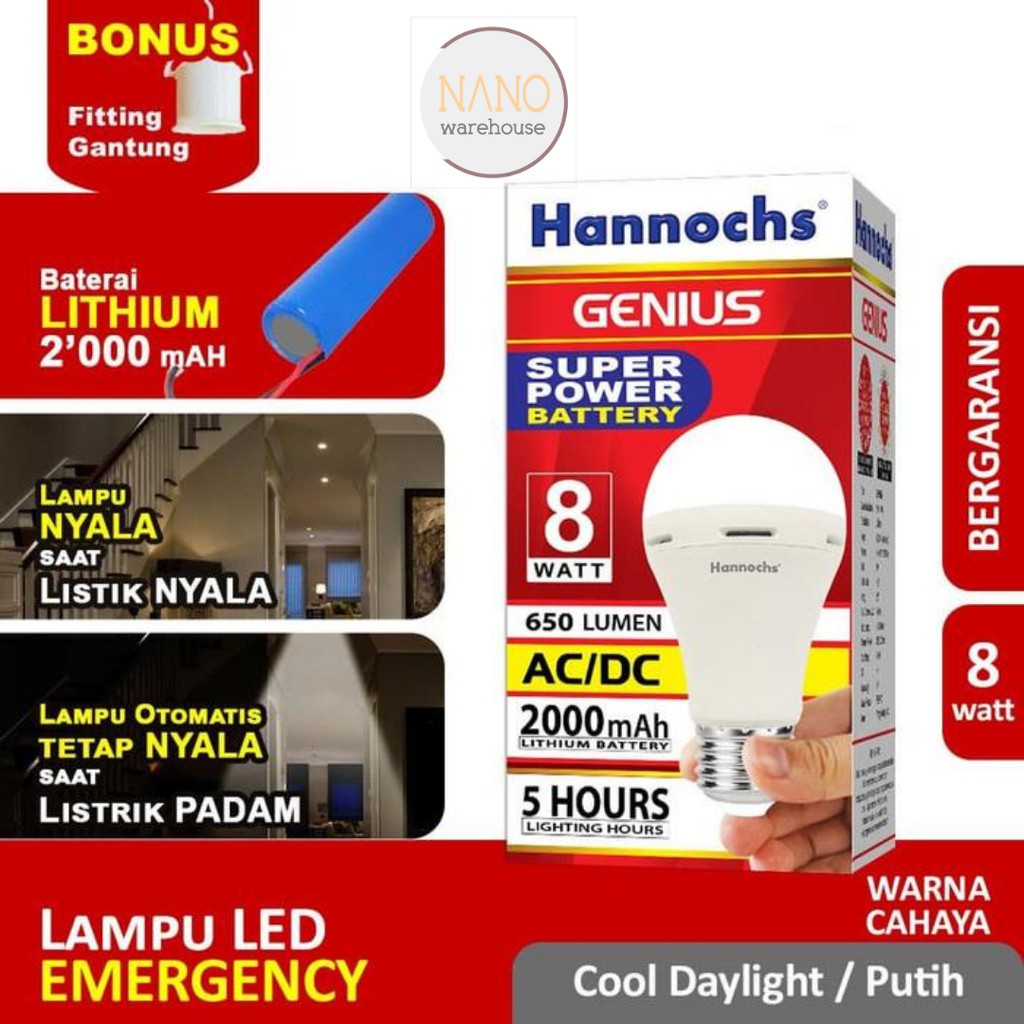 Bola Lampu Cas Darurat Emergency Hannochs LED Genius 8w AC/DC Putih Otomatis Nyala