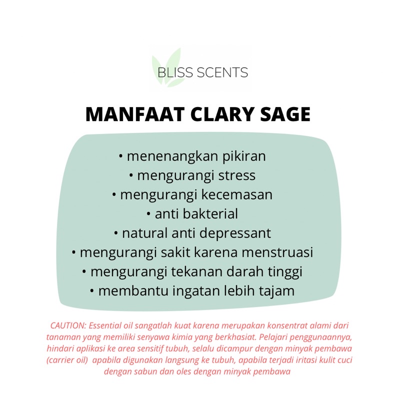 BLISS SCENTS Clary Sage Essential Oil Aromaterapi 100% Murni Therapeutic Grade Aromatherapy