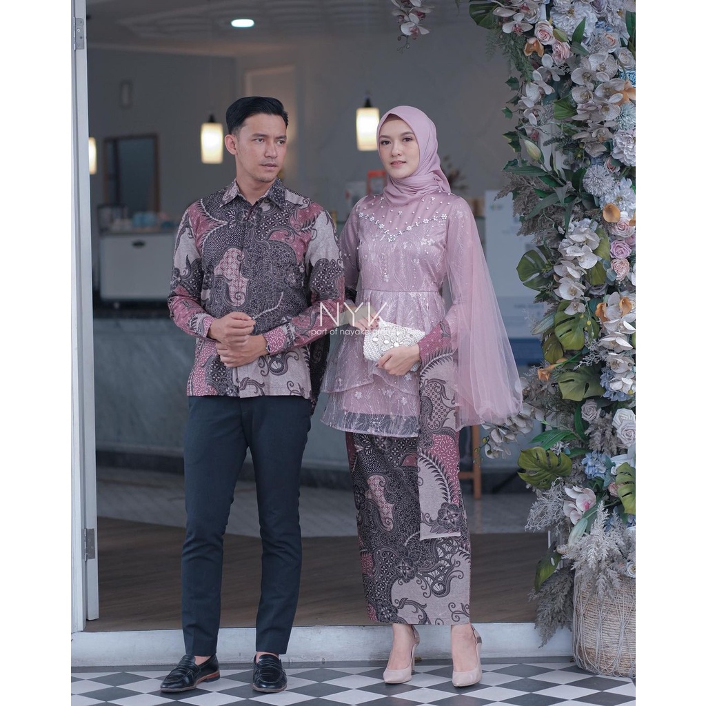 BATIK KEBAYA COUPLE FELICIA - KEBAYA TUNANGAN LAMARAN - BATIK COUPLE MODERN - SET KEBAYA TUNIK TULLE MUTIARA MIX PAYET - KEBAYA MODERN KEKINIAN - KEBAYA WISUDA