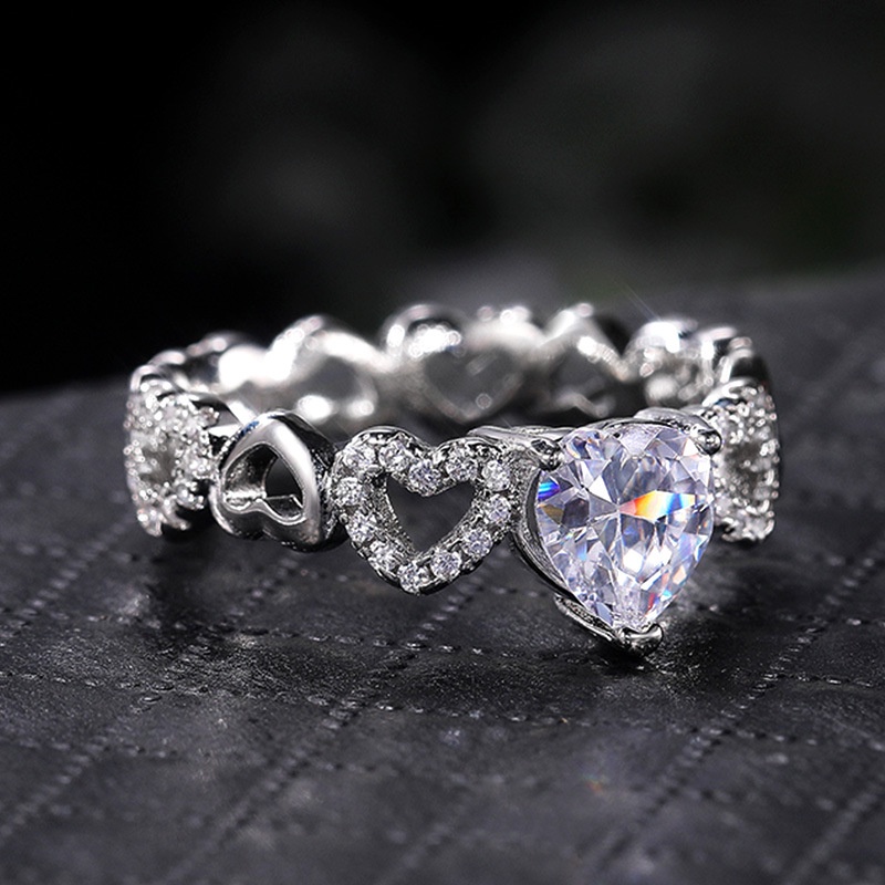 Cincin Berlian Kristal Berbentuk Hati Sederhana Perak Fashion Wanita Pernikahan Rings