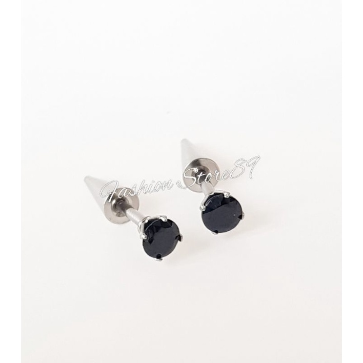 Titanium Anting Roda Runcing Permata Zircon Hitam anting Roda Titanium pria wanita