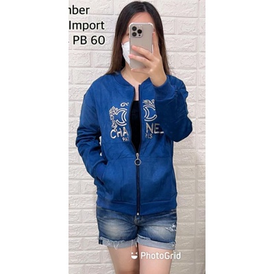 [REALPIC] JAKET BOMBER SUEDE IMPORT RENDA TANGAN PANJANG BORDIR-Biru