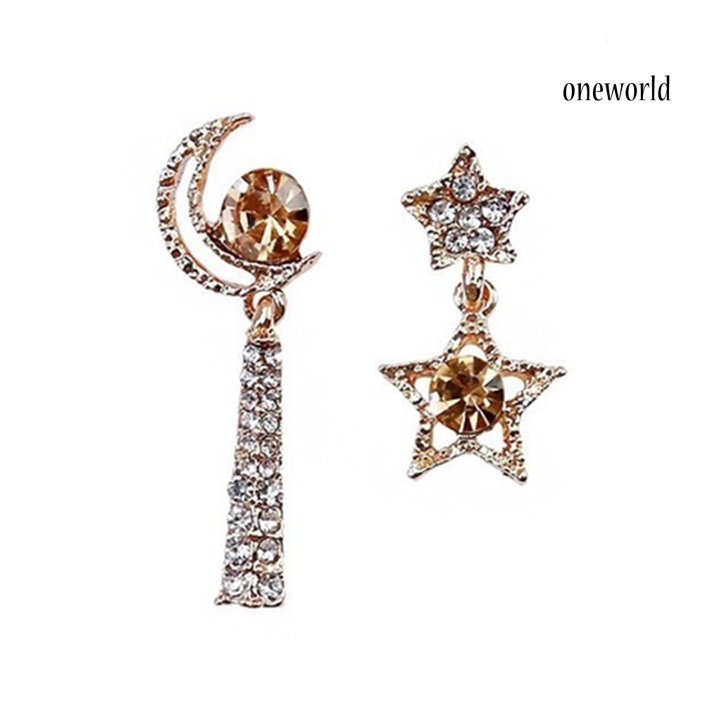 OW# Women Rhinestone Moon Star Asymmetric Dangle Ear Stud Earrings Jewelry Gift