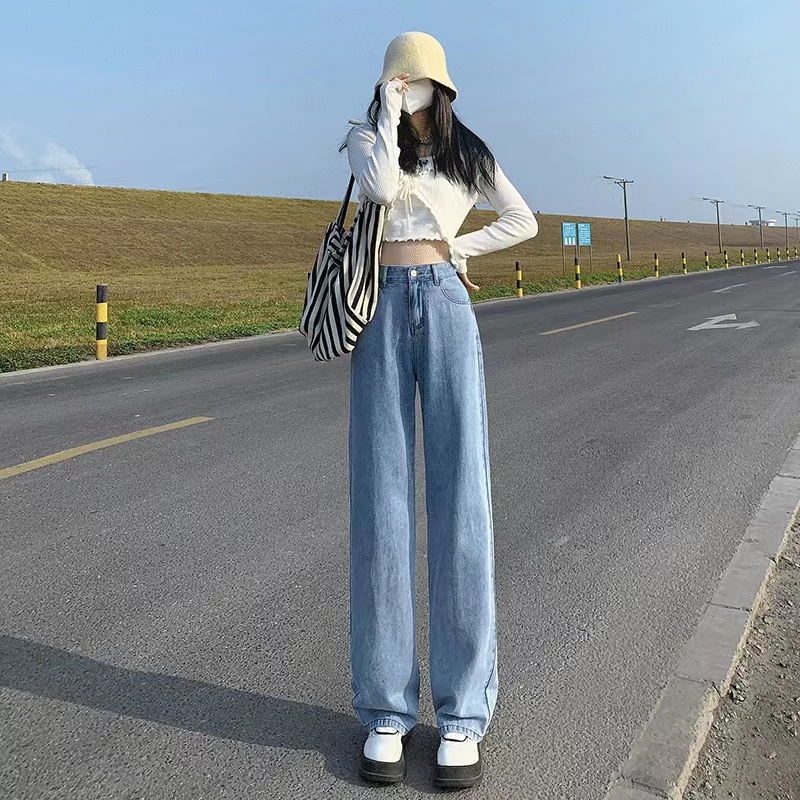High waist Korean Style Kasual Kulot Loose Straight Panjang Denim Bagy Wide Leg Celana Jeans Wanita
