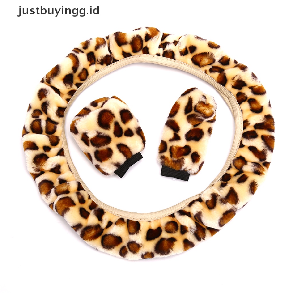 3pcs / Set Cover Stir Mobil Motif Leopard Bahan Plush Untuk Musim Dingin