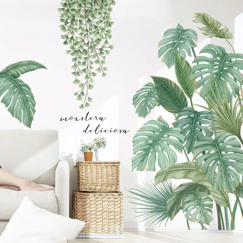 WALL STICKER STIKER DINDING Q 42 WALLSTICKER WALLPAPER WALPAPER DAUN KAKTUS PALEM HIJAU MONSTER MONTERA MONSTERA LEAF CAFE CAFEE KAFE DEKORASI TAMAN RUMAH TEMBOK RUANG TAMU KAMAR TIDUR  KERAMIK KRAMIK DAPUR TANGGA LEMARI PINTU JENDELA KACA KAMAR MANDI