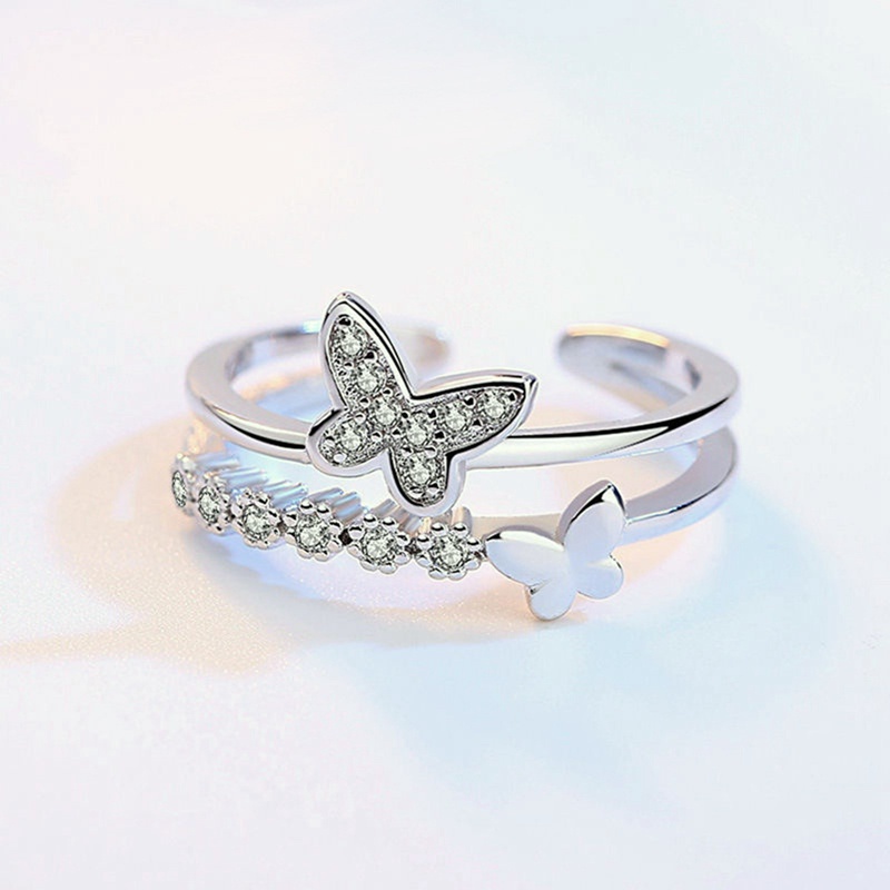 Fancyqube Cincin Sterling Silver 925 Model Terbuka Dapat Disesuaikan Bentuk Kupu-Kupu Bahan Cubic Zirconia Gaya Retro Butterfly