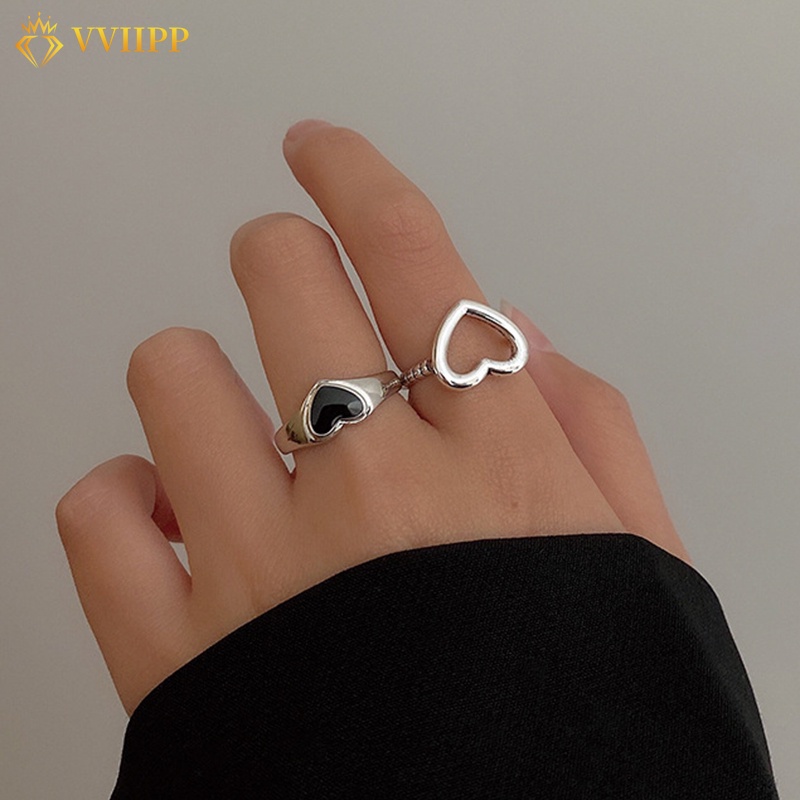 2pcs / Set Cincin Wanita Desain Hati Hollow Hias Batu Permata Hitam Gaya Korea Untuk Hadiah