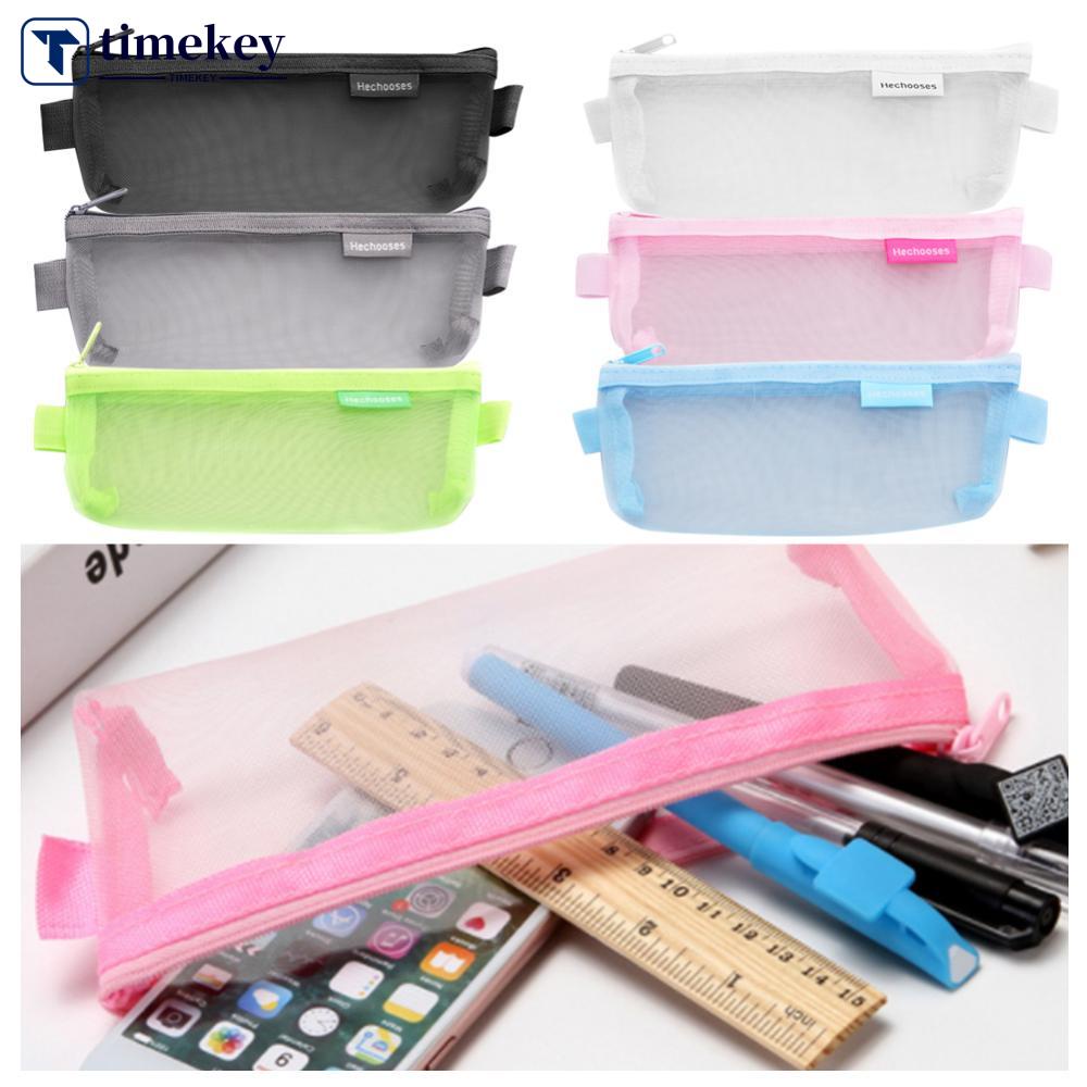 Timekey Tas Pouch Mesh Transparan Kapasitas Besar Dengan Resleting Untuk Tempat Pensilmakeup A3Z7