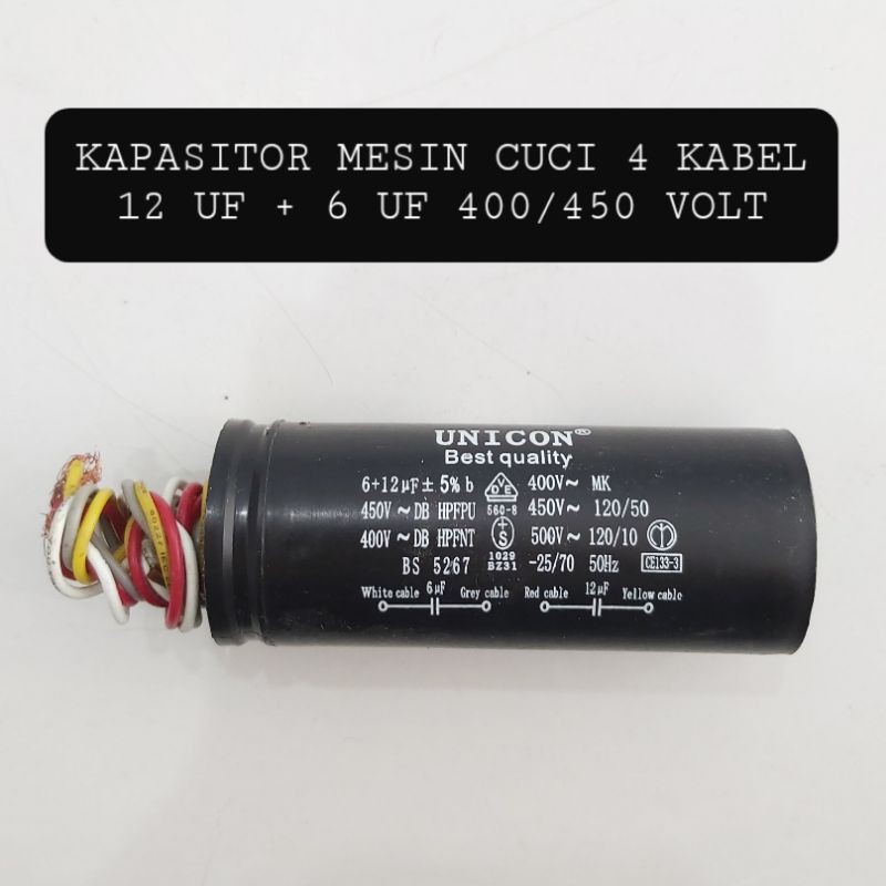 KAPASITOR MESIN CUCI 12+6 UF 400/450V 4 KABEL 12UF + 6UF