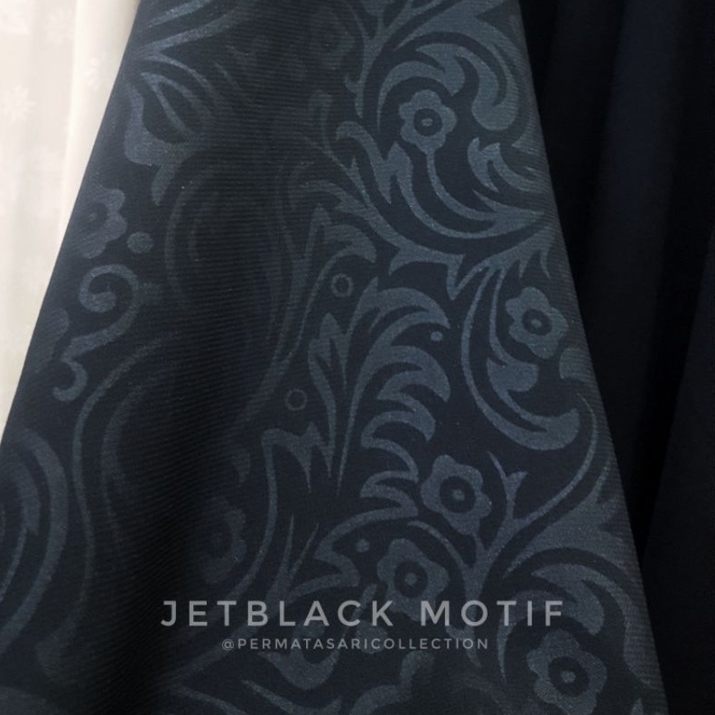 Bahan Kain Jetblack Jet Black MTA Kiara Premium Hitam Motif Emboz Emboss Bunga Ulir Daun Meteran