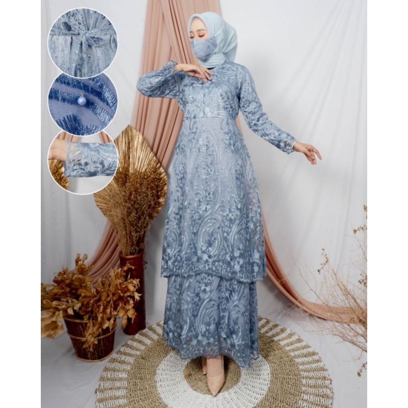 Gamis Brukat Jumbo - Gamis Brukat Malaysia - Gamis Brukat Terbaru  (FREE HIJAB)-Baby Blue