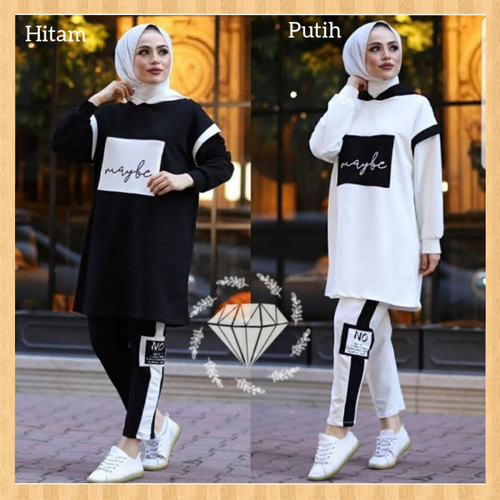 baju olahraga hijab setelan senam wanita mayybe training sepeda putih