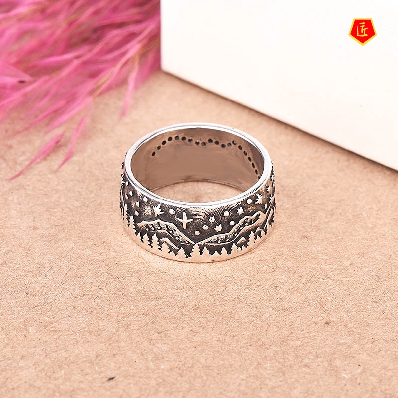 [Ready Stock]925 Retro Carved Loyal Wolf Inlaid Diamond Couple Ring