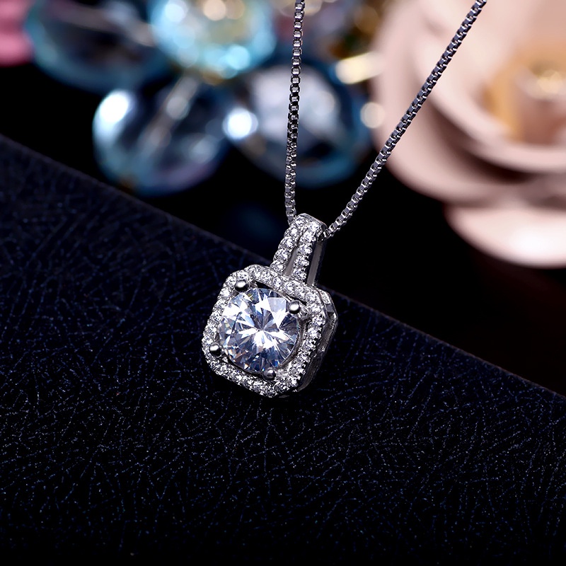 Shuling Kalung Rantai Liontin Persegi Aksen Zircon Warna Silver Untuk Wanita