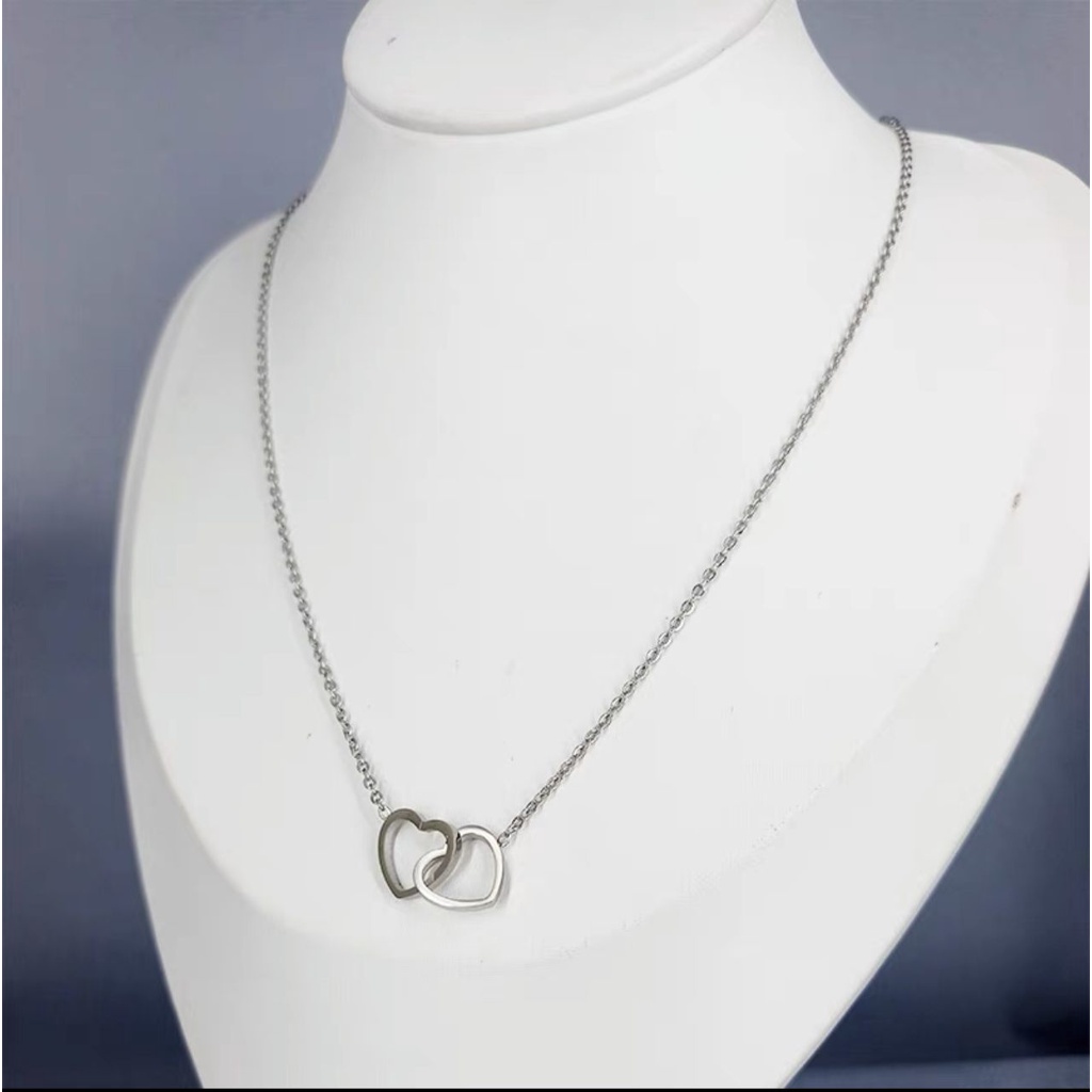 cod! kalung titanium wanita double love silver / kalung 2hati anti karat import