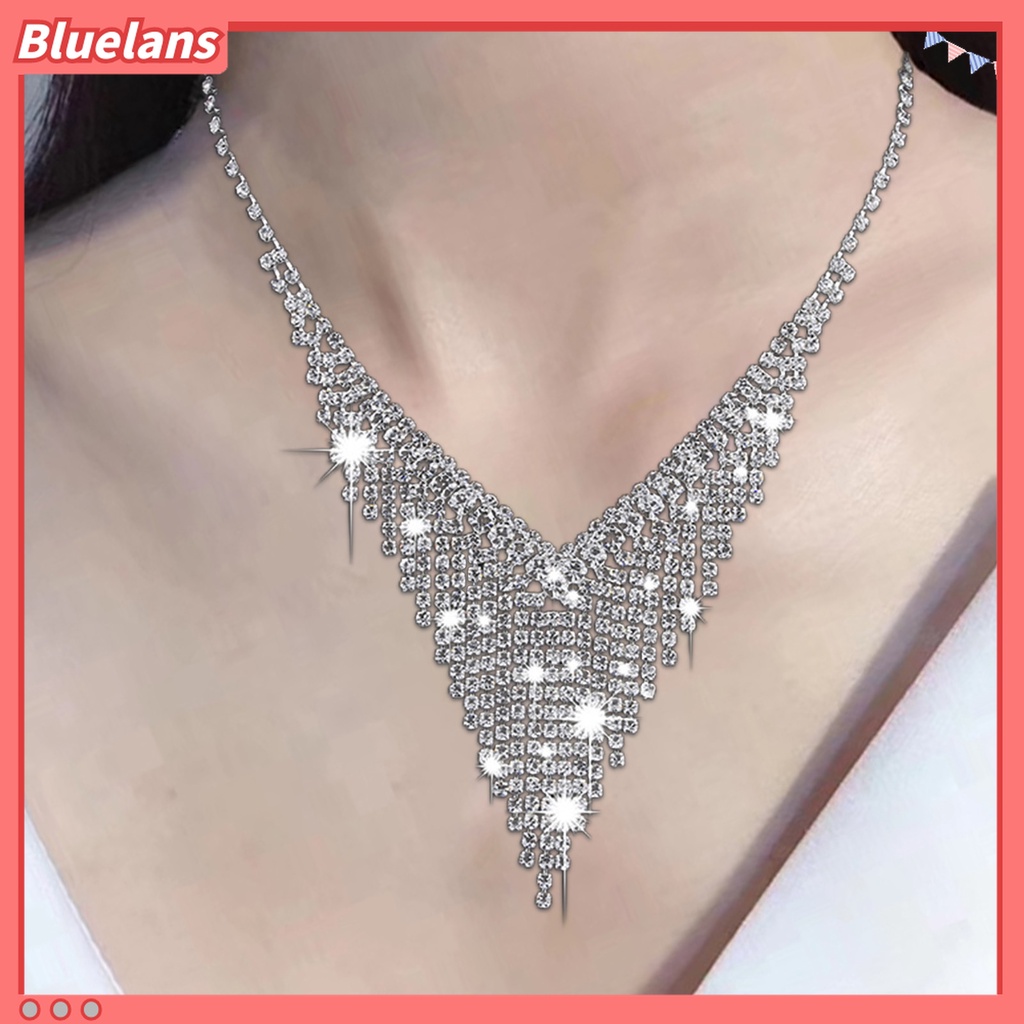 1 Set Kalung Choker Anting Rumbai Berlian Imitasi Model Hollow Out Shiny Untuk Pernikahan