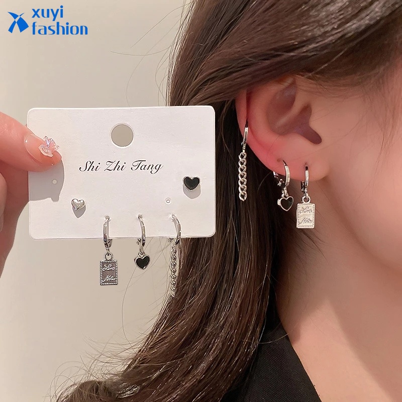 6pcs / Set Anting Kombinasi Flexible Bentuk Hati Beruang Cherry Untuk Wanita