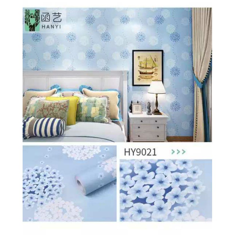 WALLPAPER DINDING MOTIF DANDELION BIRU 10m x 45cm