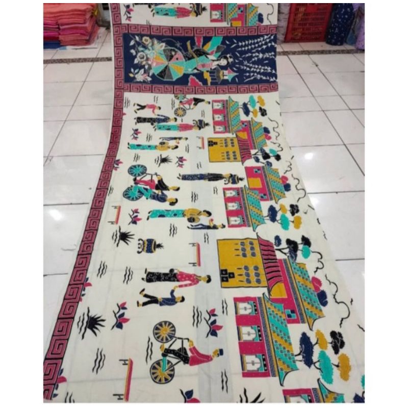 kain batik solo motif etnik sakura tosca warna dasar putih