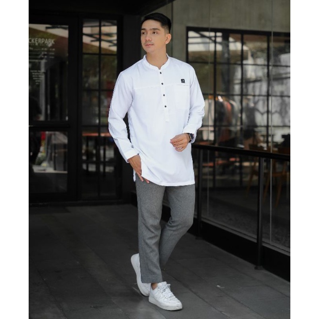 ALANZA kurta mikbad lengan panjang baju muslim pria koko pakistan lengan panjang warna putih kode KMA 5248