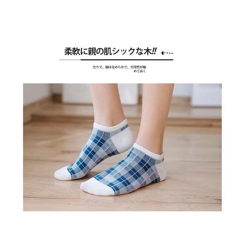 ❀ Chingu ❀ KK026 Kaos Kaki (Tanpa Kemasan) Wanita Tipis Pendek Semata Kaki Motif Kotak Biru Navy Fashion Korea Women Sock Import Murah