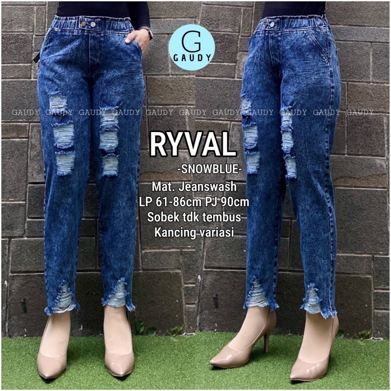 RYVAL JEANS WASH LP 61-86CM PJ 90CM PINGGANG FULL KARET KANCING VARIASI SOBEK TIDAK TEMBUS