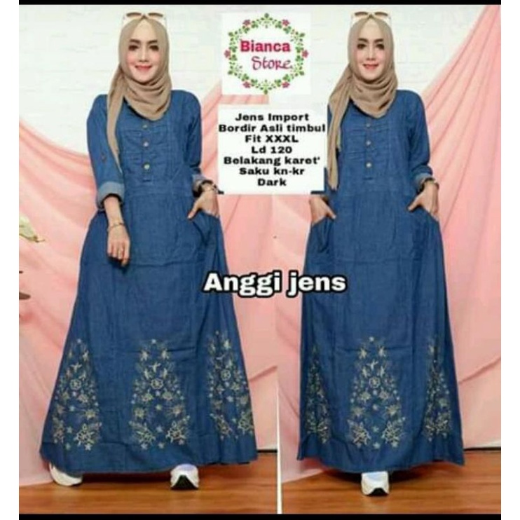 Anggi gamis jeans import bordir asli ld 120 pinggang belakang karet by Bianca