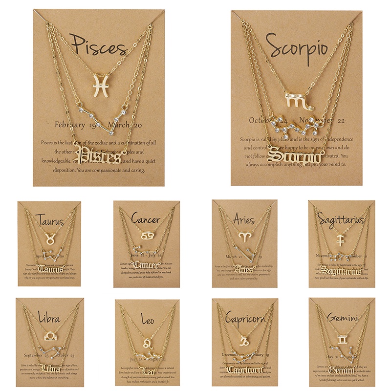 3pcs / set Kalung Rantai Klavikula Hias Liontin Kartu Kertas 12 Rasi Bintang Untuk Hadiah