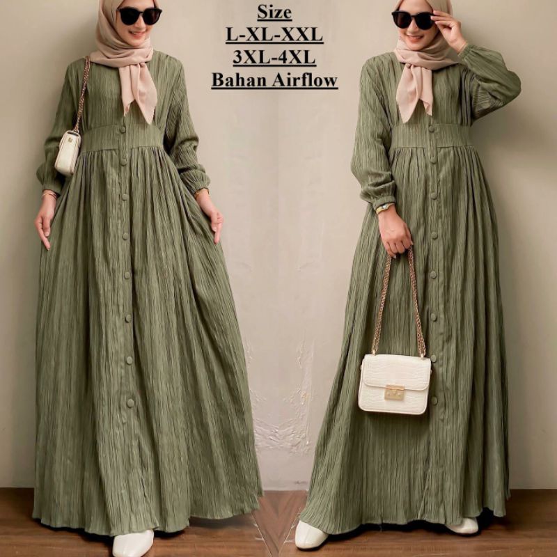 gamis terbaru 2023 lebaran wanita elif dress full kancing busui bumil bahan crincle airflow ukuran jumbo L XL XXL XXXL XXXXL