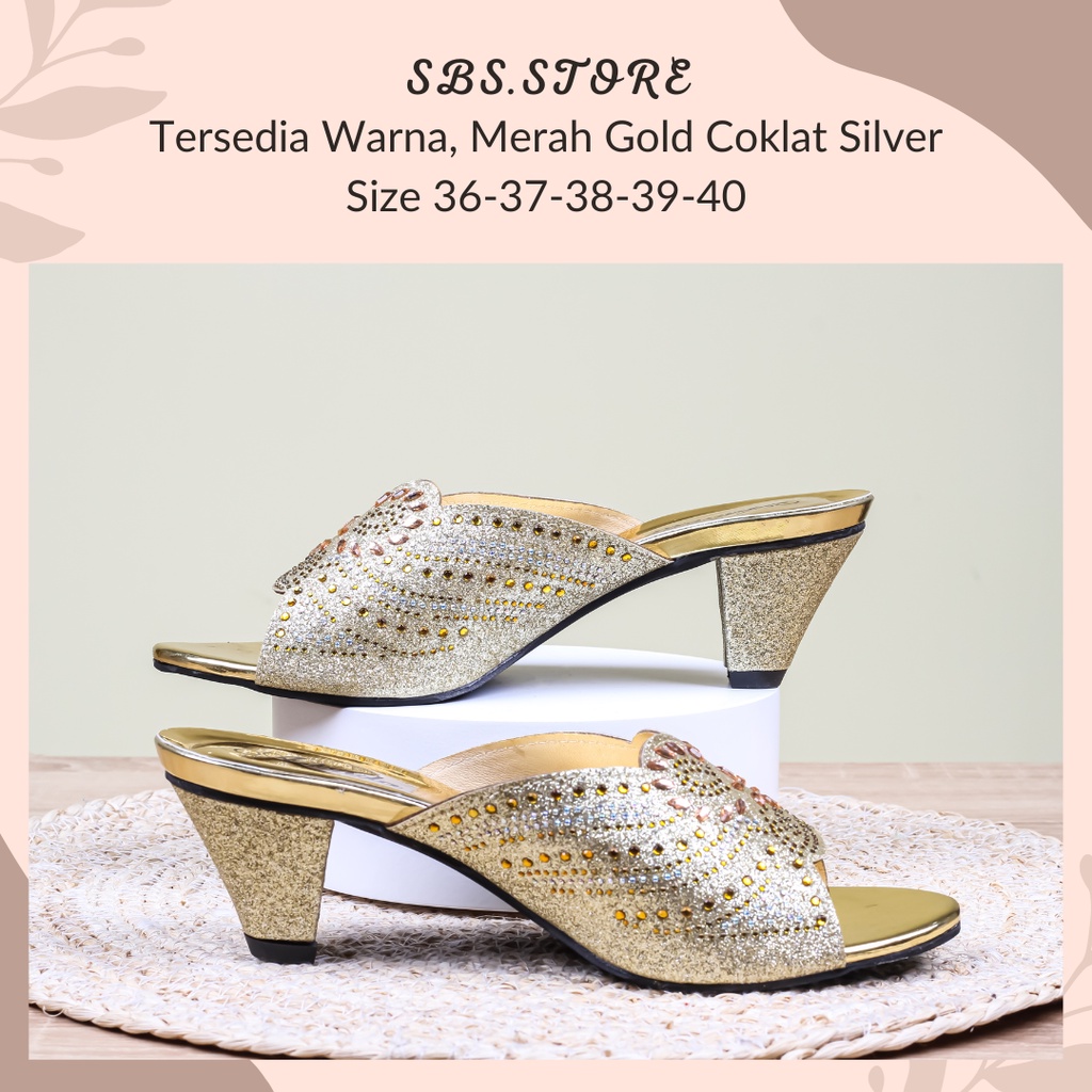 Sendal Wanita Payet Heels 5cm/Sandal Pesta Kekinian High Heels Selop Hak Tahu Wedges Wanita Terbaru