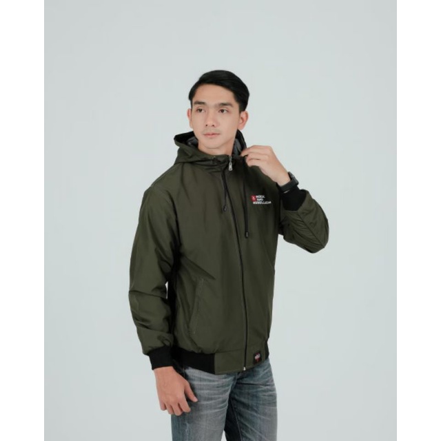 jaket bomber hoodie pria hijau army waterproof parasut