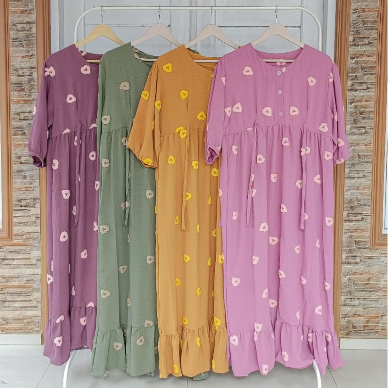 Midi Dress Wanita Motif Timbul Bahan Crinkle