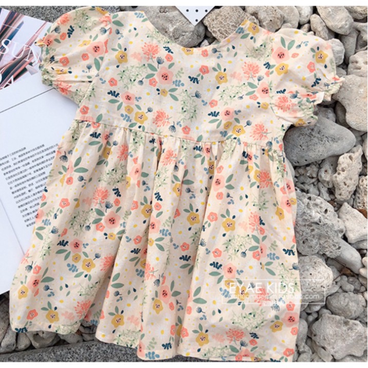 Dress Anak Perempuan Korean Fashion Floral Printed Short Sleeve Gaun