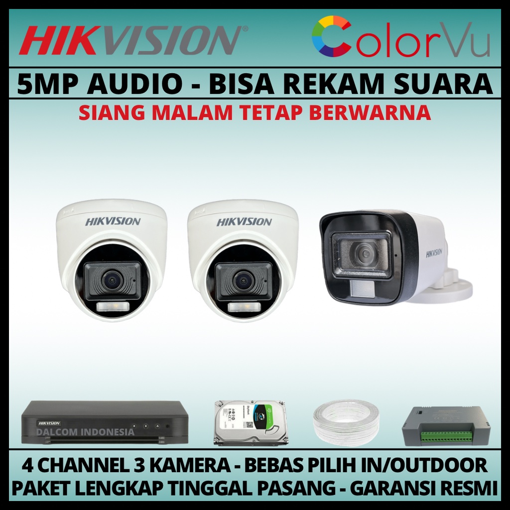 PAKET CCTV HIKVISION COLORVU 5MP 4 CHANNEL 3 KAMERA COLORFUL