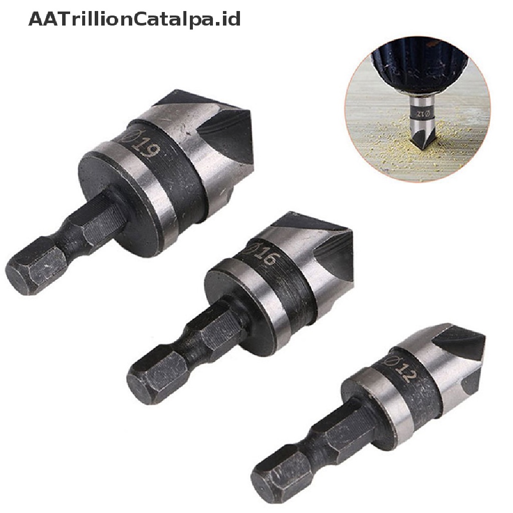 Aatrillioncatalpa 3Pcs / Set Mata Bor Chamfer 5 Flute 12 / 16 / 19mm Untuk Pengerjaan Kayu