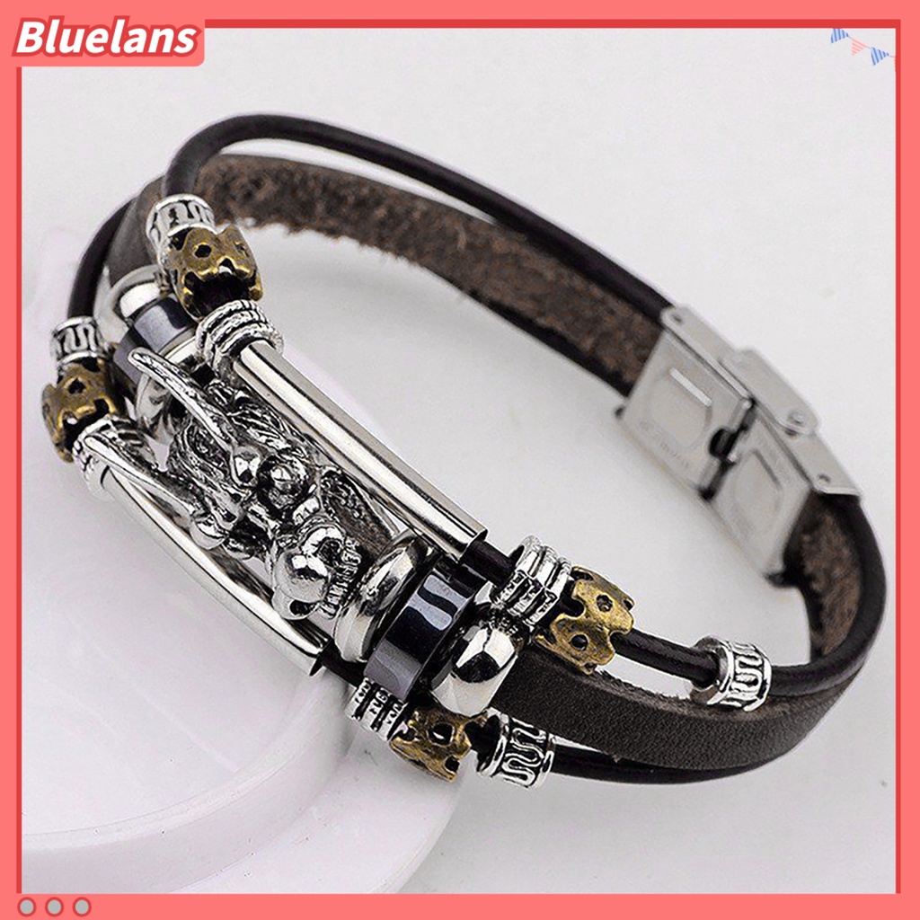 Bluelans Men Vintage Punk Faux Leather Bracelet Dragon Head Charm Multilayer Bangle