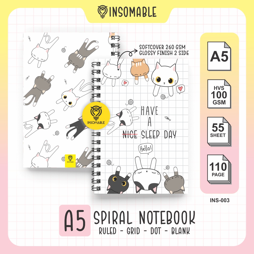 

Spiral Notebook A5, INS-003 Buku Catatan Kucing Lucu, Kawaii Cat Spiral Notebook - isi 50 lembar HVS 100gsm insomable