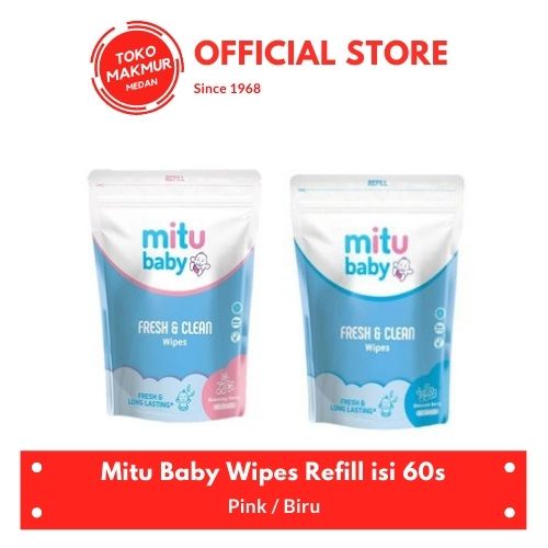 TISSUE MITU BABY WIPES REFILL BLUE OR PINK 60'S