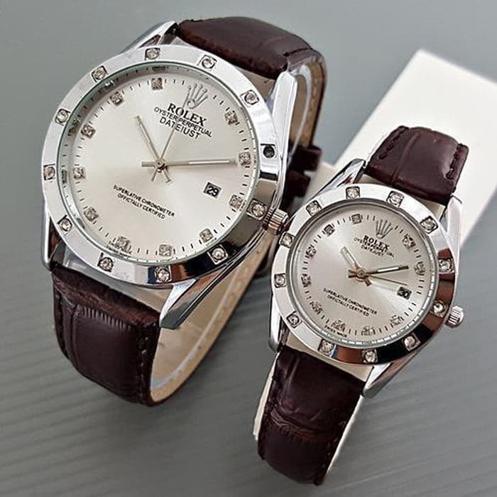 Jam Tangan Couple ROLEX Tali Kulit DATE **COKLAT TUA** # RX001 # JAM - Hitam