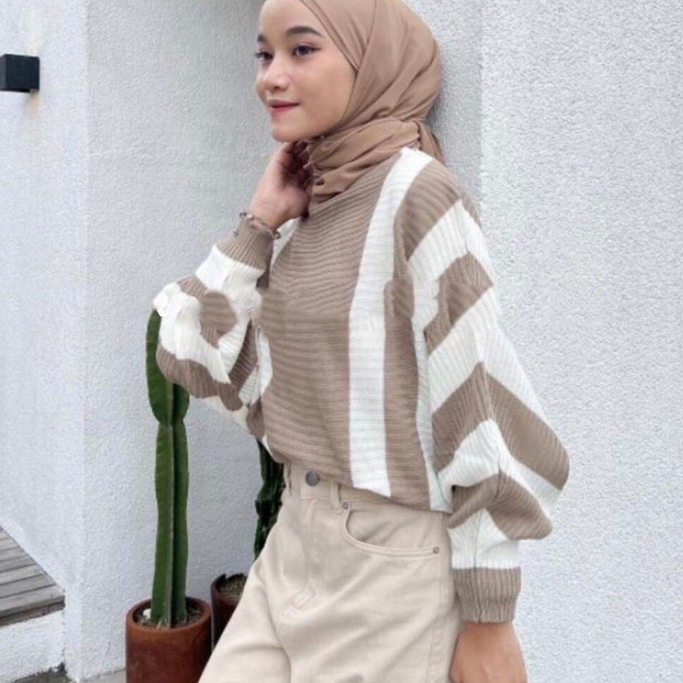 blouse batwing rajut motif zebra on size jumbo/sweater rajut oversize batwing kombinasi/atasan wanita