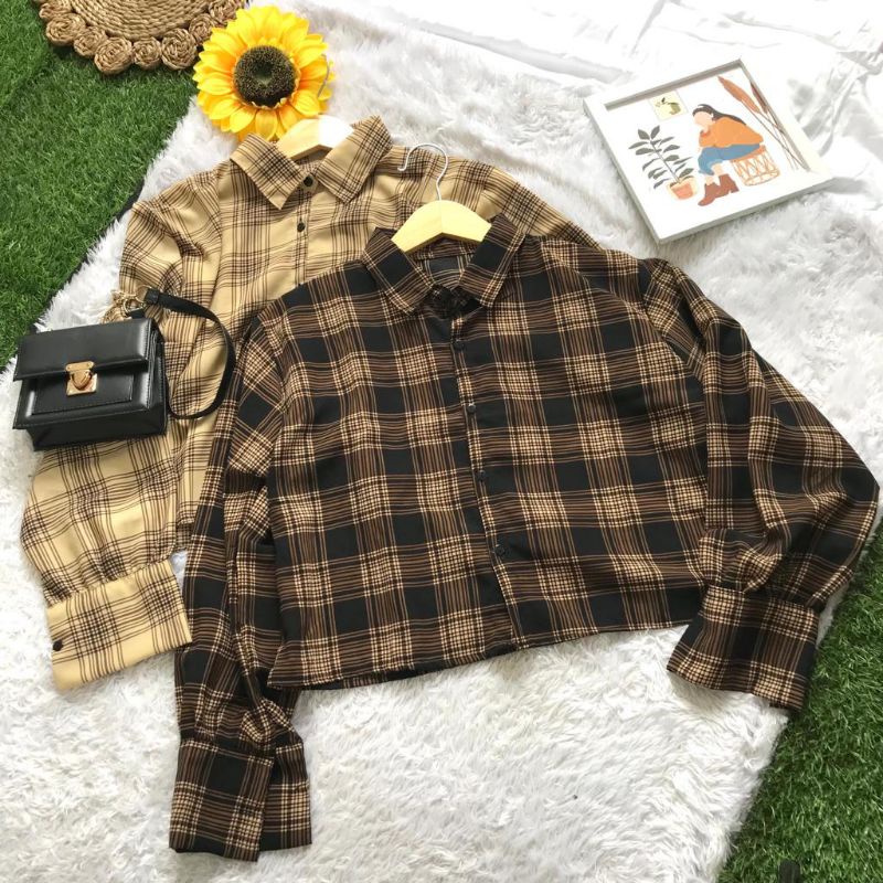 KEMEJA CROP TARTAN / KAMEJA TARTAN OVERSIZE / ATASAN KEMEJA BASIC BALON KOTAK KOTAK BLOUSE CROP TOP OUTER OVERSIZE WANITA LENGAN PANJANG BALON MOTIF MIRIP KEMEJA FLANEL WANITA TARTAN PLAIN PLAID CROP