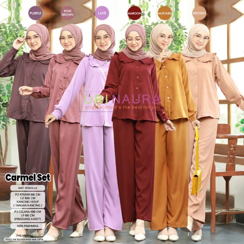 Carmel Set / Setelan blouse kemeja elegant bahan syakilla jatuh adem original berlabel ori naura