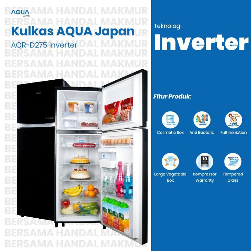KULKAS SANYO AQUA JAPAN AQR-D275R (INVERTER) / LEMARI ES 2 PINTU AQR-D275 INVERTER ANTI BAKTERI