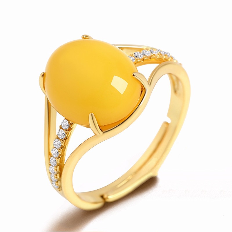 perak asli 925 cincin Wanita Emas Amber Batu Permata Cincin Dapat Disesuaikan Fashion Perhiasan