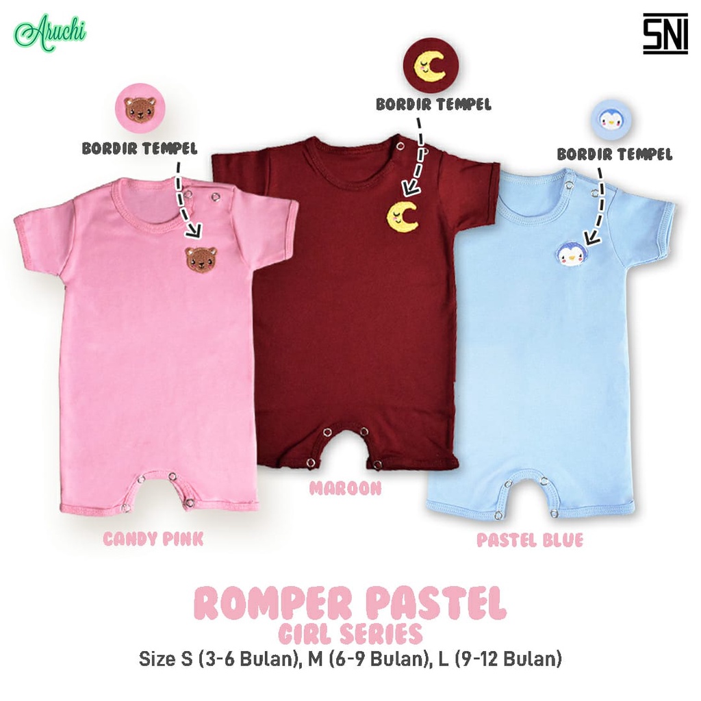 ROMPER KOTAK ARUCHI PASTEL ROMPER ANAK ARUCHI BORDIR TEMPEL / ROMPER ARUCHI SERIES KOTAK 3-12 BULAN