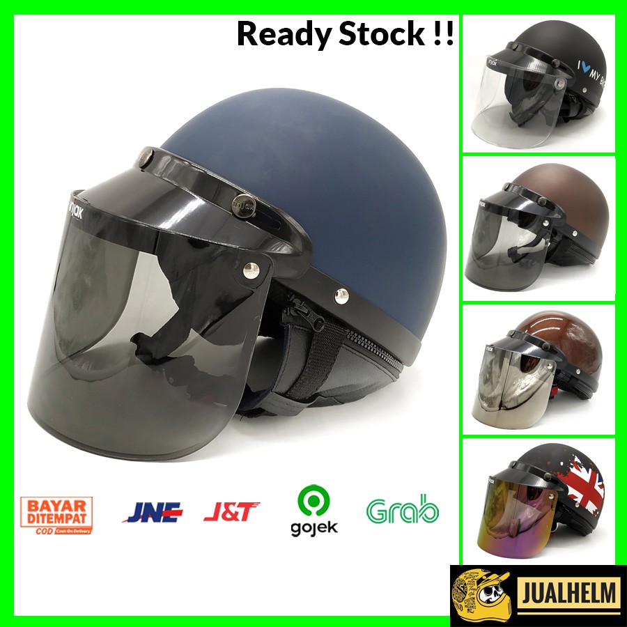 Helm Chips Premium + Kaca Flat Injak (Helm Retro/Helm Chip/Helm Vespa/Helm Classic/Helm Bogo)