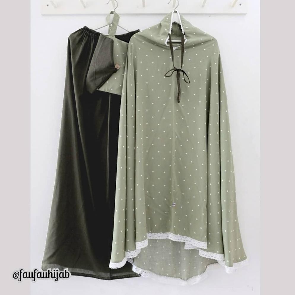 Cuci Gudang Mukena Faufau butik Selma polka hijau rok hijau Army ::
